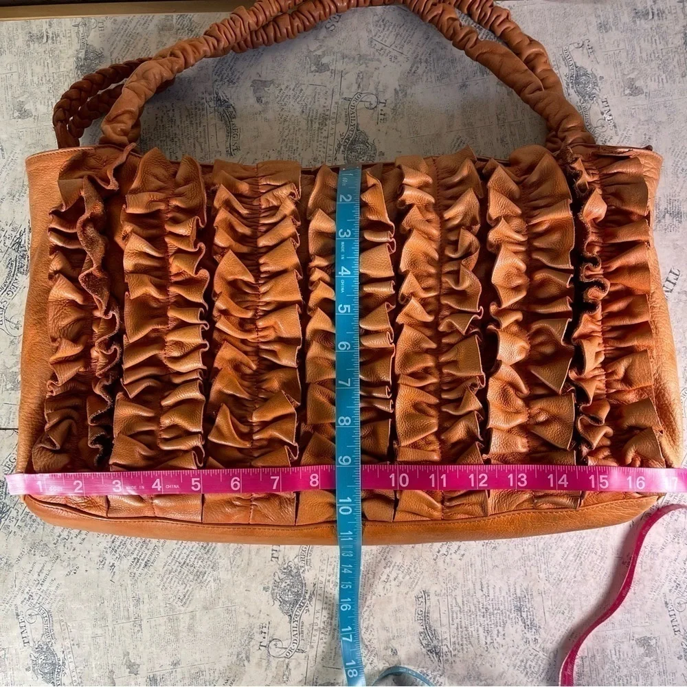 Caterina Lucchi Made in Italy Orange Calf Leather Ruffle Shoulder Tote Designer